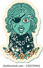 Retro Tattoo Style half orc rogue with natural 20 dice roll