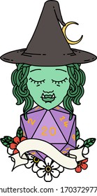 Retro Tattoo Style half orc witch character with natural twenty dice roll