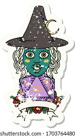 Retro Tattoo Style half orc witch character with natural 20 dice roll
