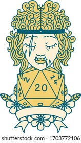 Retro Tattoo Style half orc barbarian character with natural 20 dice roll