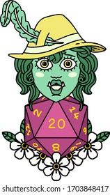 Retro Tattoo Style half orc bard with natural twenty dice roll 