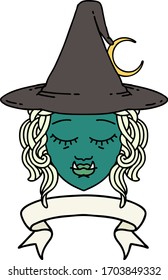 Retro Tattoo Style half orc witch character face with banner