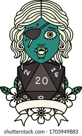 Retro Tattoo Style half orc rogue character with natural twenty dice roll