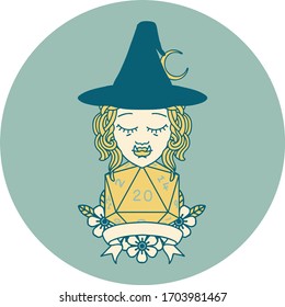 Retro Tattoo Style half orc witch character with natural 20 dice roll