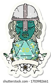 Retro Tattoo Style half orc fighter with natural twenty dice roll