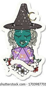 Estilo de tatuagem retrô meio orc personagem bruxa com rolo natural vinte dados