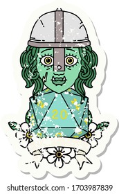 Retro Tattoo Style half orc fighter with natural twenty dice roll