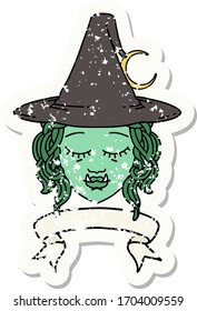 Retro Tattoo Style half orc witch character face with banner