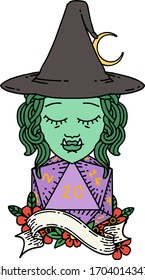 Retro Tattoo Style half orc mage with natural 20 dice roll