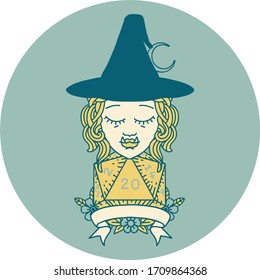 Retro Tattoo Style half orc witch character with natural 20 dice roll