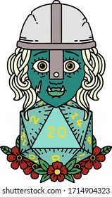 Retro Tattoo Style half orc fighter character with natural twenty dice roll