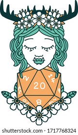Retro Tattoo Style half orc druid with natural twenty dice roll
