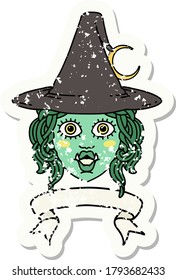 Retro Tattoo Style half orc witch character face with banner
