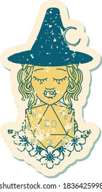 Retro Tattoo Style half orc wizard with natural twenty dice roll