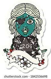 Retro Tattoo Style half orc rogue with natural twenty dice roll