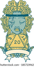 Retro Tattoo Style half orc barbarian character with natural 20 dice roll