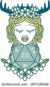 Retro Tattoo Style half orc druid with natural twenty dice roll