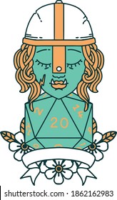 Retro Tattoo Style half orc fighter with natural twenty dice roll