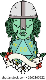 Retro Tattoo Style half orc fighter character with natural 20 dice roll