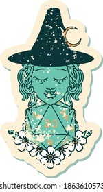 Retro Tattoo Style half orc wizard with natural twenty dice roll