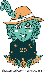 Retro Tattoo Style half orc bard with natural twenty dice roll 