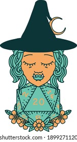 Retro Tattoo Style half orc wizard with natural twenty dice roll