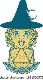 Retro Tattoo Style half orc witch with natural twenty dice roll