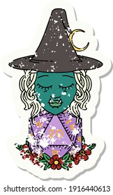 Retro Tattoo Style half orc wizard with natural twenty dice roll