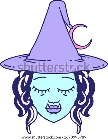 Retro Tattoo Style half orc witch character face in bright neon color