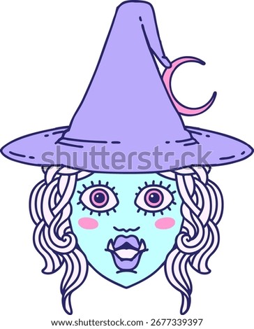 Retro Tattoo Style half orc witch character face in bright neon color