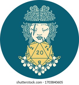 Retro Tattoo Style human barbarian with natural twenty dice roll