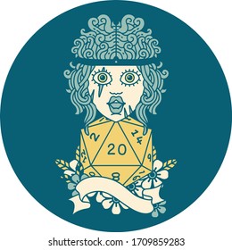 Retro Tattoo Style human barbarian with natural 20 dice roll