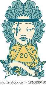 Retro Tattoo Style human barbarian with natural twenty dice roll
