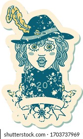 Retro Tattoo Style human bard character with natural 20 dice roll