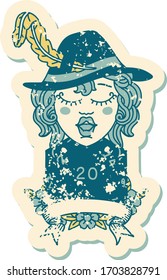 Retro Tattoo Style human bard character with natural 20 dice roll