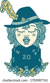 Retro Tattoo Style human bard with natural 20 dice roll