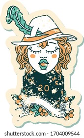 Retro Tattoo Style human bard with natural 20 dice roll
