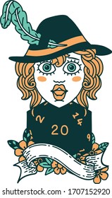 Retro Tattoo Style human bard with natural 20 dice roll