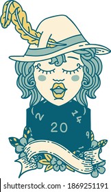 Retro Tattoo Style human bard with natural 20 dice roll