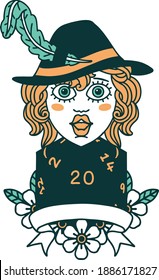 Retro Tattoo Style human bard character with natural 20 dice roll