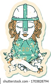 Retro Tattoo Style human fighter with natural twenty dice roll