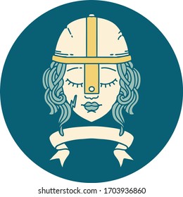 Retro Tattoo Style human fighter character with scroll banner