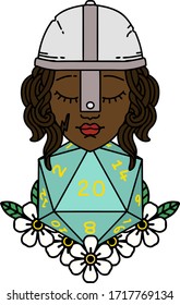 Retro Tattoo Style human fighter with natural 20 D20 dice roll