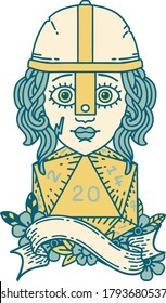 Retro Tattoo Style human fighter with natural twenty dice roll