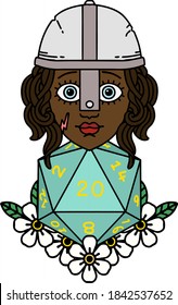 Retro Tattoo Style human fighter with natural 20 D20 dice roll