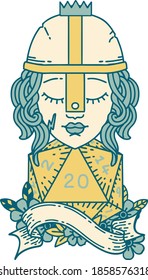 Retro Tattoo Style human fighter with natural twenty dice roll
