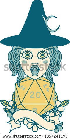 Retro Tattoo Style human mage with natural twenty dice roll