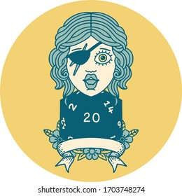 Retro Tattoo Style human rogue with natural 20 dice roll