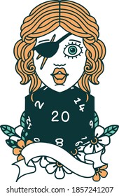 Retro Tattoo Style human rogue with natural 20 dice roll