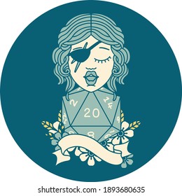 Retro Tattoo Style human rogue with natural 20 dice roll